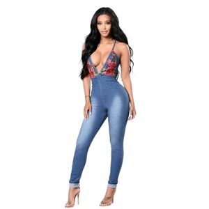 Floral Denim Jumpsuit From Fashion Nova